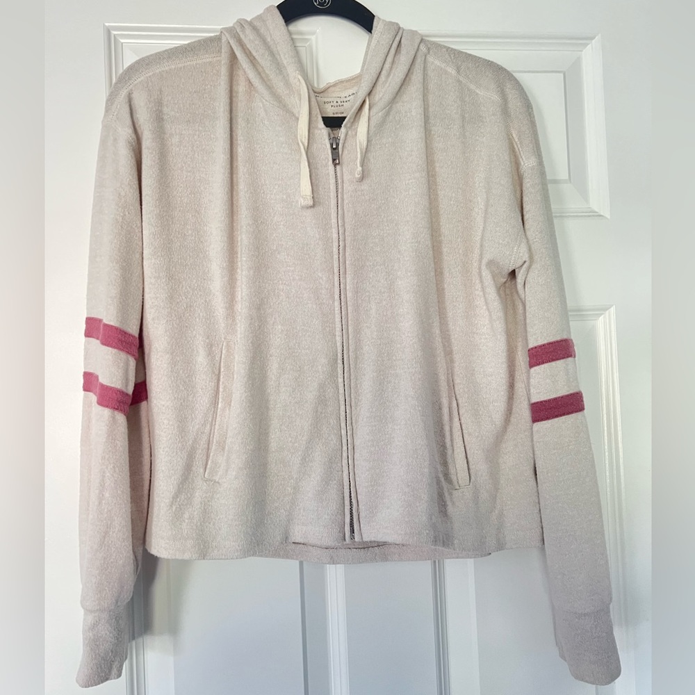 Off-White Zip Up Hoodie with Pink Stripes - Picture 2 of 8